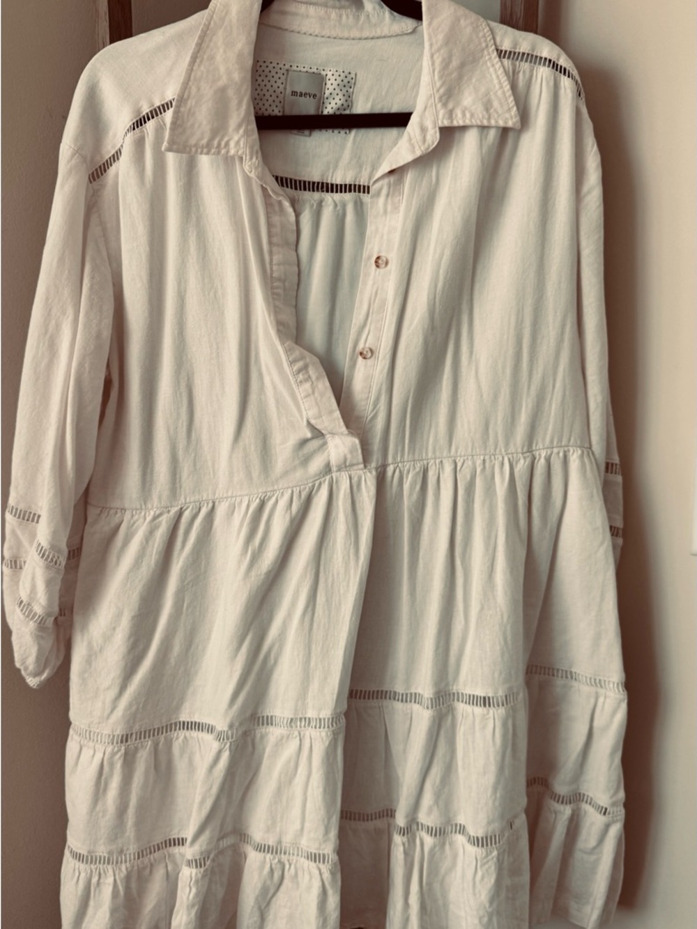 Maeve White Tiered Button-Front Women's Dress w/ Pockets